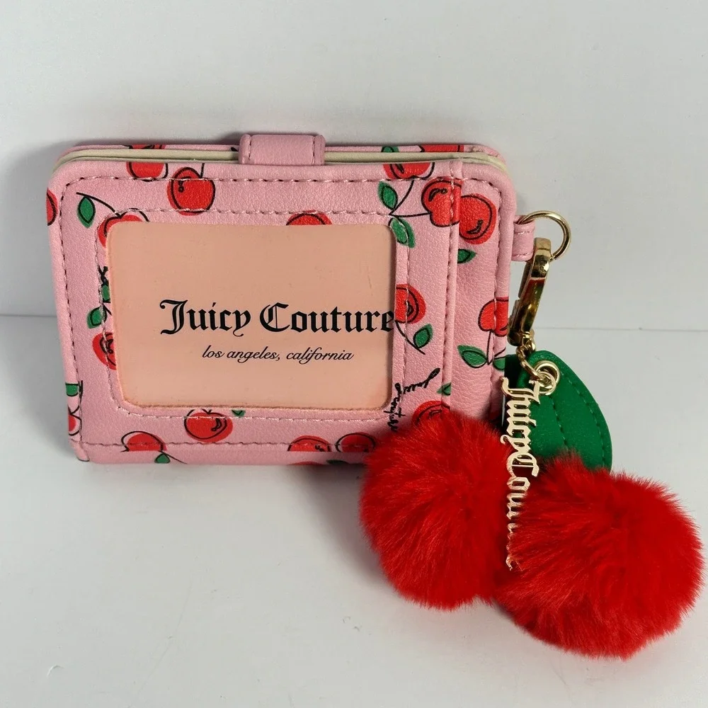 Juicy Couture Card Case Wallet Womens Pink Cherry Print Pom Keychain Excellent